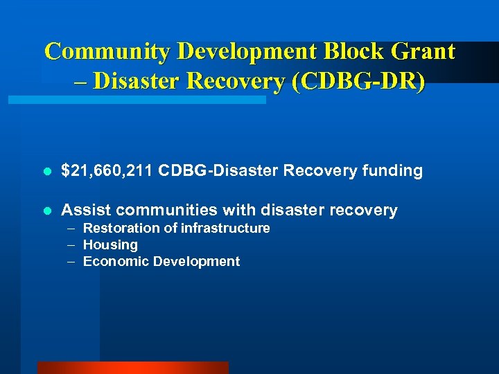 Community Development Block Grant – Disaster Recovery (CDBG-DR) l $21, 660, 211 CDBG-Disaster Recovery