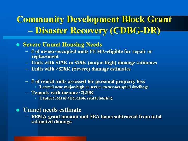 Community Development Block Grant – Disaster Recovery (CDBG-DR) l Severe Unmet Housing Needs –