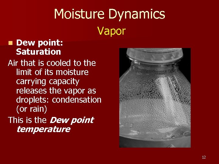 Moisture Dynamics Vapor Dew point: Saturation Air that is cooled to the limit of