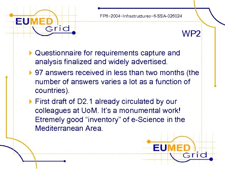 FP 6− 2004−Infrastructures− 6 -SSA-026024 WP 2 4 Questionnaire for requirements capture and analysis