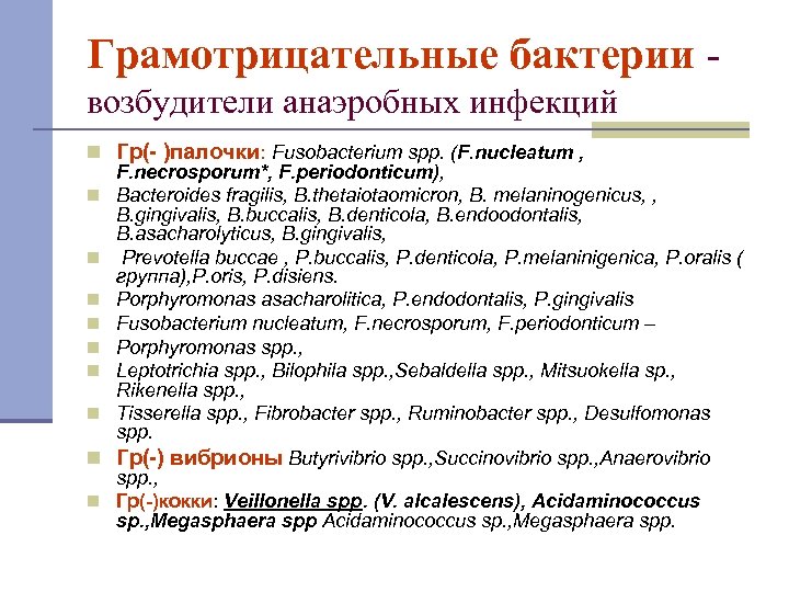 Грамотрицательные бактерии возбудители анаэробных инфекций n Гр(- )палочки: Fusobacterium spp. (F. nucleatum , F.