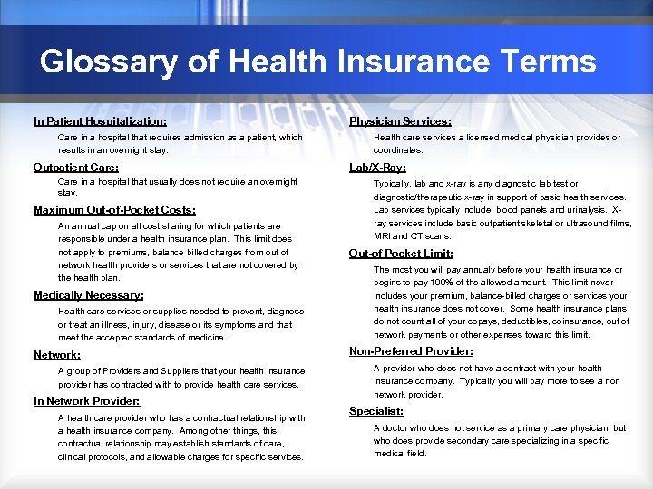 Glossary of Health Insurance Terms In Patient Hospitalization: Care in a hospital that requires