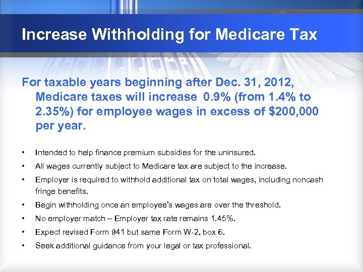 Increase Withholding for Medicare Tax For taxable years beginning after Dec. 31, 2012, Medicare