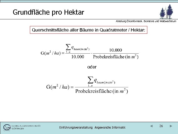 Grundfläche pro Hektar Abteilung Ökoinformatik. Biometrie und Waldwachstum Querschnittsfläche aller Bäume in Quadratmeter /