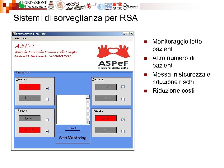 Sistemi di sorveglianza per RSA n n Monitoraggio letto pazienti Altro numero di pazienti