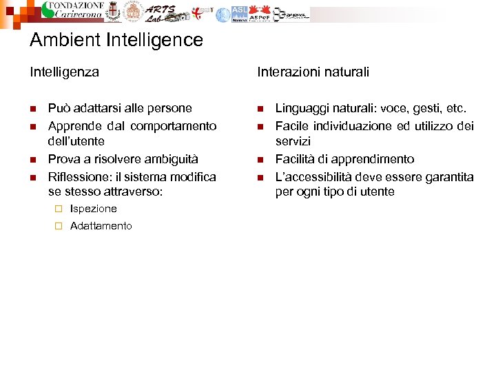 Ambient Intelligence Intelligenza n n Può adattarsi alle persone Apprende dal comportamento dell’utente Prova