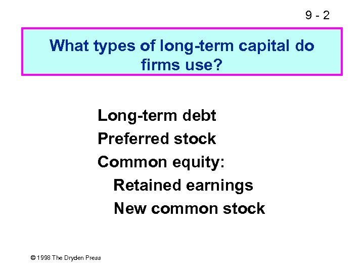 9 -2 What types of long-term capital do firms use? Long-term debt Preferred stock