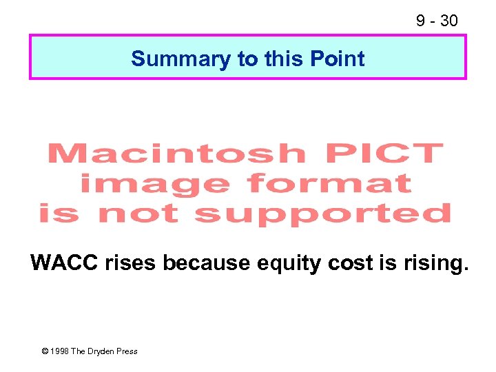 9 - 30 Summary to this Point WACC rises because equity cost is rising.