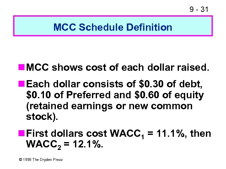 9 - 31 MCC Schedule Definition MCC shows cost of each dollar raised. Each