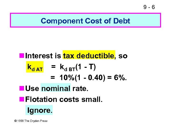 9 -6 Component Cost of Debt Interest is tax deductible, so kd AT =