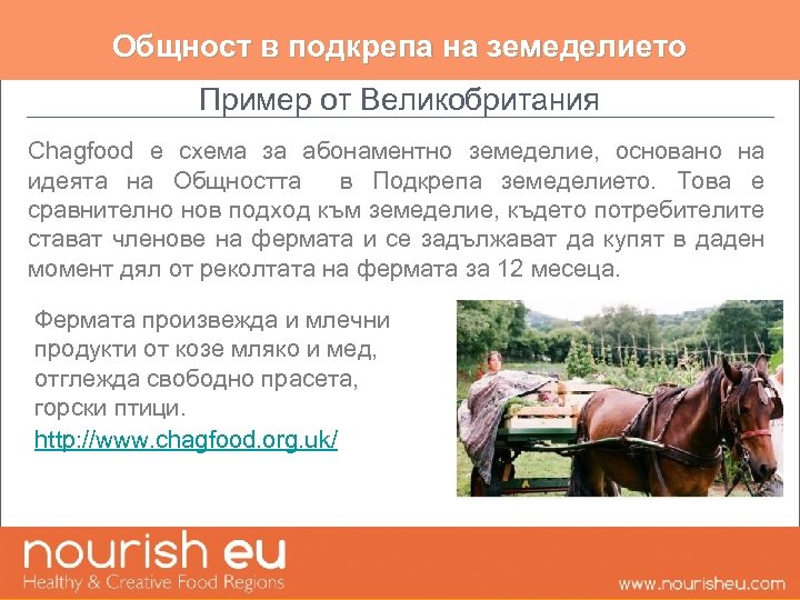 Общност в подкрепа на земеделието Пример от Великобритания Chagfood е схема за абонаментно земеделие,