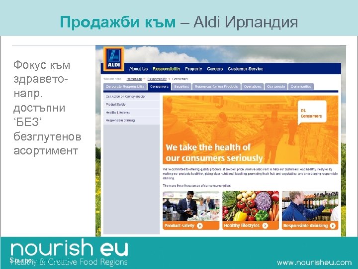 Продажби към – Aldi Ирландия Фокус към здравето- напр. достъпни ‘БЕЗ’ безглутенов асортимент Source: