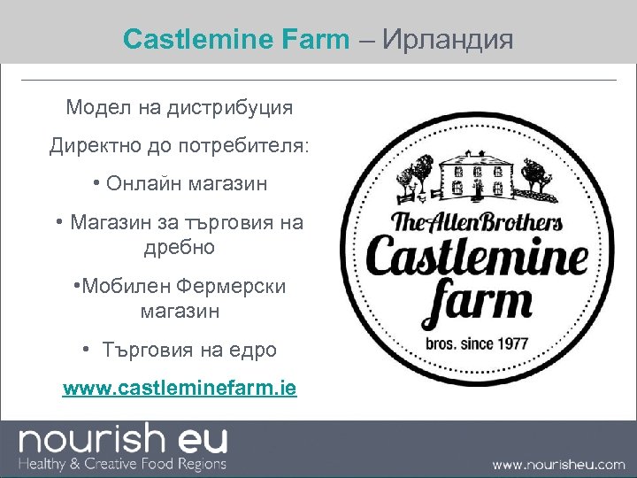 Castlemine Farm – Ирландия Модел на дистрибуция Директно до потребителя: • Онлайн магазин •