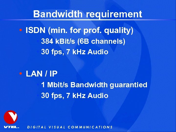 Bandwidth requirement • ISDN (min. for prof. quality) • 384 k. Bit/s (6 B