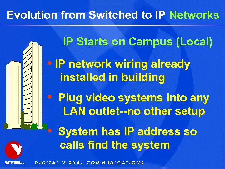 Evolution from Switched to IP Networks IP Starts on Campus (Local) • IP network