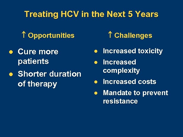 Treating HCV in the Next 5 Years Opportunities l l Cure more patients Shorter