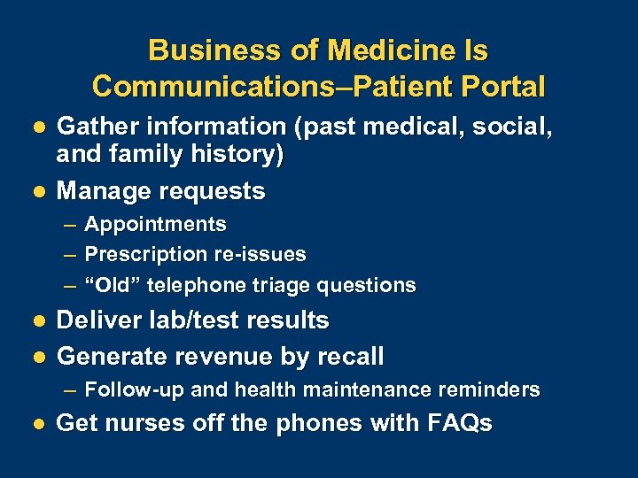 Business of Medicine Is Communications–Patient Portal l l Gather information (past medical, social, and