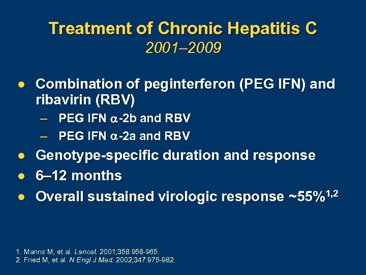 Treatment of Chronic Hepatitis C 2001– 2009 l Combination of peginterferon (PEG IFN) and