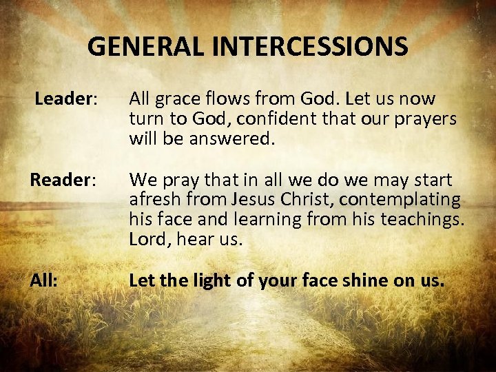 GENERAL INTERCESSIONS Leader: Reader: All grace flows from God. Let us now turn to