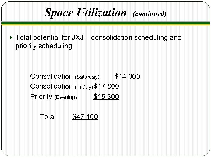 Space Utilization (continued) Total potential for JXJ – consolidation scheduling and priority scheduling Consolidation