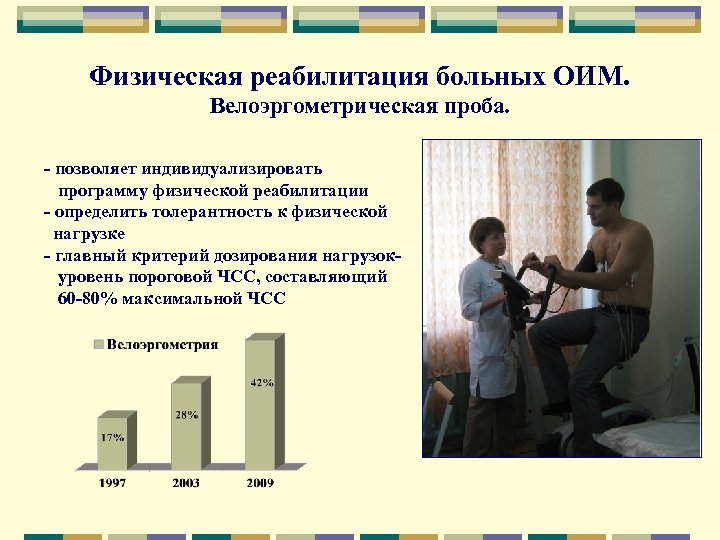 Физическая реабилитация больных ОИМ. Велоэргометрическая проба. - позволяет индивидуализировать программу физической реабилитации - определить
