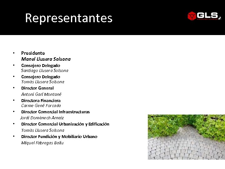 Representantes • Presidente Manel Llusera Solsona • Consejero Delegado Santiago Llusera Solsona Consejero Delegado
