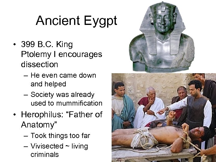 Ancient Eygpt • 399 B. C. King Ptolemy I encourages dissection – He even