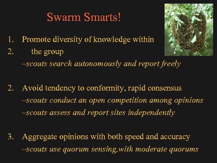 Swarm Smarts! 1. Promote diversity of knowledge within 2. the group –scouts search autonomously
