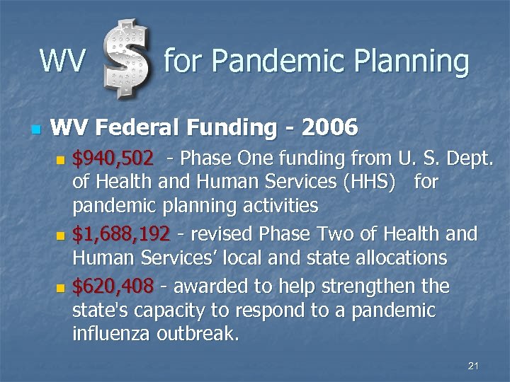 WV n for Pandemic Planning WV Federal Funding - 2006 $940, 502 - Phase