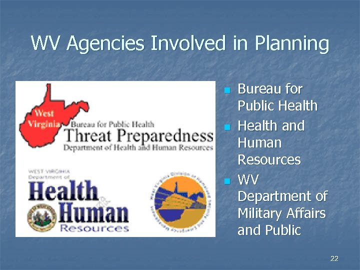 WV Agencies Involved in Planning n n n Bureau for Public Health and Human