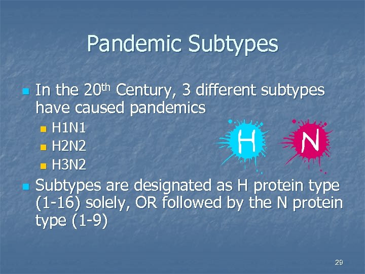 Pandemic Subtypes n In the 20 th Century, 3 different subtypes have caused pandemics