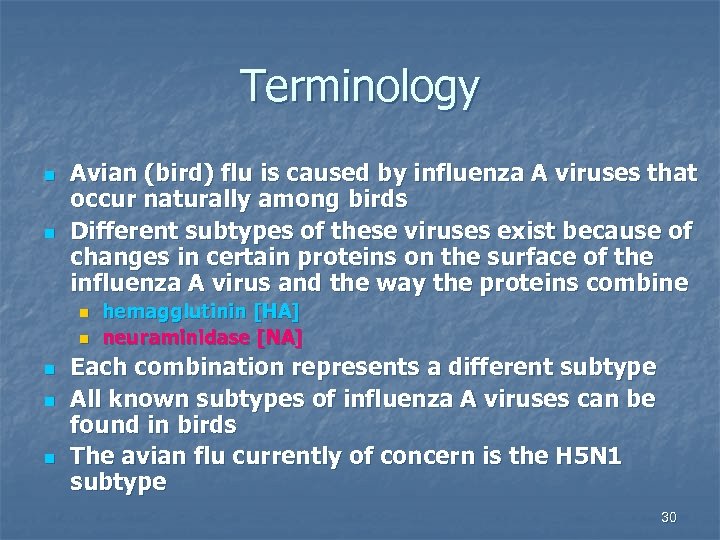 Terminology n n Avian (bird) flu is caused by influenza A viruses that occur