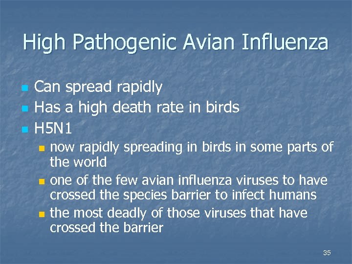 High Pathogenic Avian Influenza n n n Can spread rapidly Has a high death