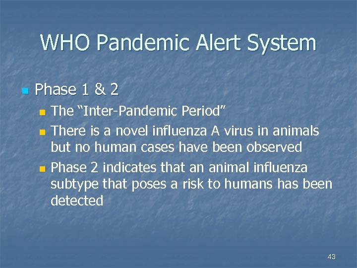 WHO Pandemic Alert System n Phase 1 & 2 n n n The “Inter-Pandemic