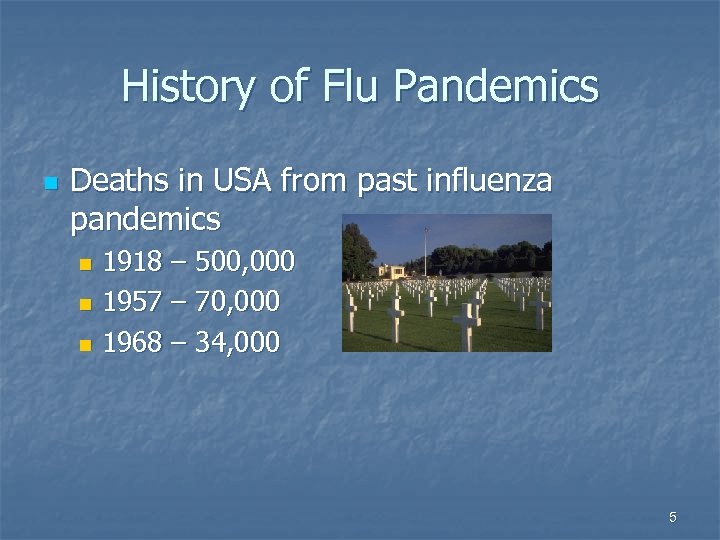 History of Flu Pandemics n Deaths in USA from past influenza pandemics 1918 –