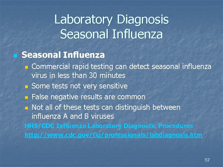 Laboratory Diagnosis Seasonal Influenza n n n n Commercial rapid testing can detect seasonal