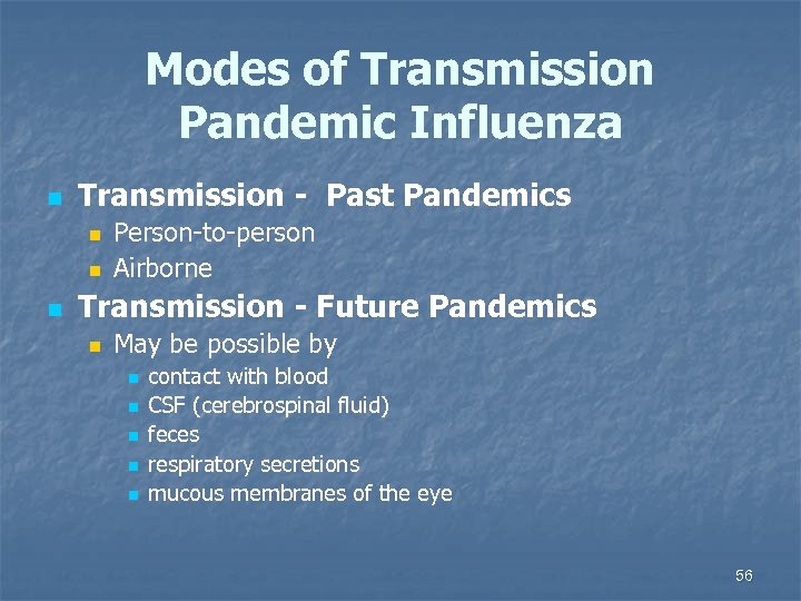 Modes of Transmission Pandemic Influenza n Transmission - Past Pandemics n n n Person-to-person