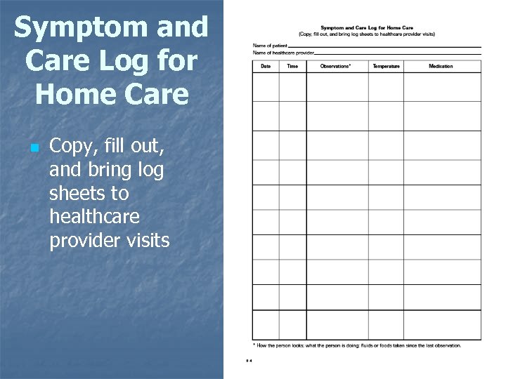 Symptom and Care Log for Home Care n Copy, fill out, and bring log