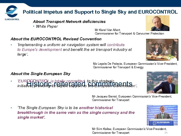 Political Impetus and Support to Single Sky and EUROCONTROL About Transport Network deficiencies •