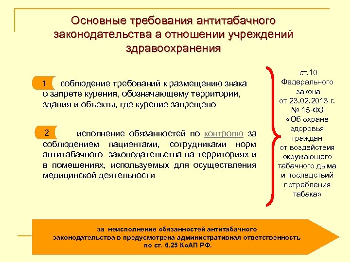 Основные требования антитабачного законодательства а отношении учреждений здравоохранения 1 соблюдение требований к размещению знака