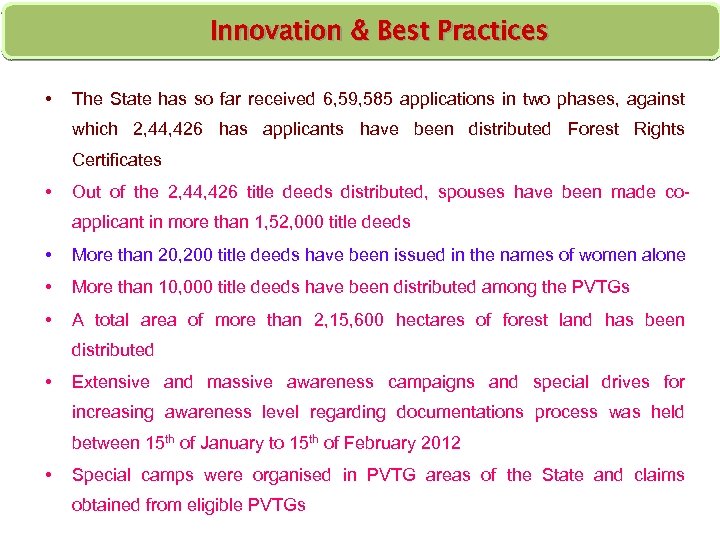 Innovation & Best Practices • The State has so far received 6, 59, 585
