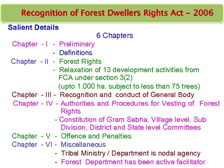Recognition of Forest Dwellers Rights Act - 2006 Salient Details Chapter - II Chapter