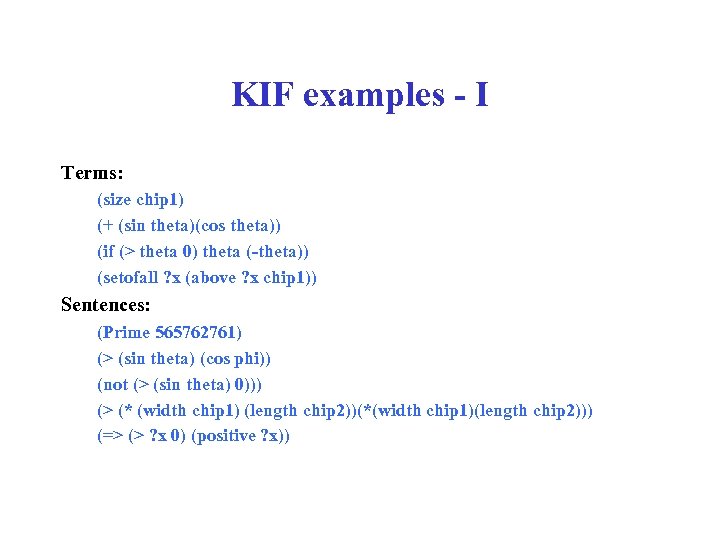 KIF examples - I Terms: (size chip 1) (+ (sin theta)(cos theta)) (if (>