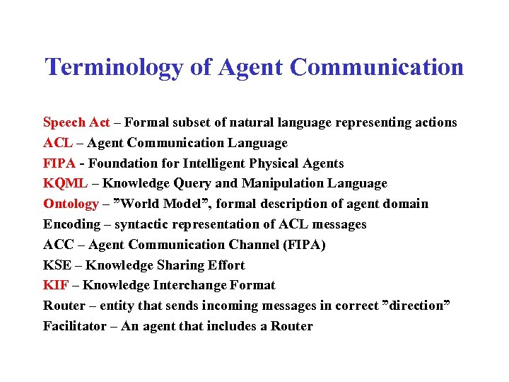 Terminology of Agent Communication Speech Act – Formal subset of natural language representing actions