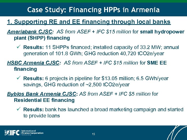 Case Study: Financing HPPs in Armenia 1. Supporting RE and EE financing through local