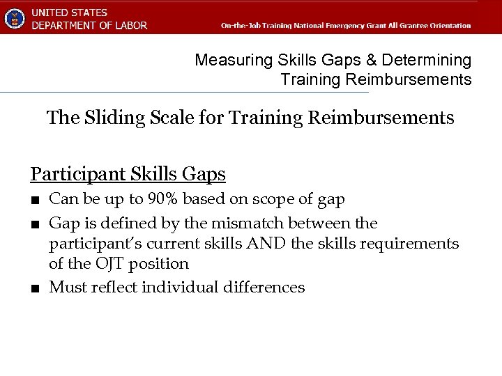 Measuring Skills Gaps & Determining Training Reimbursements The Sliding Scale for Training Reimbursements Participant
