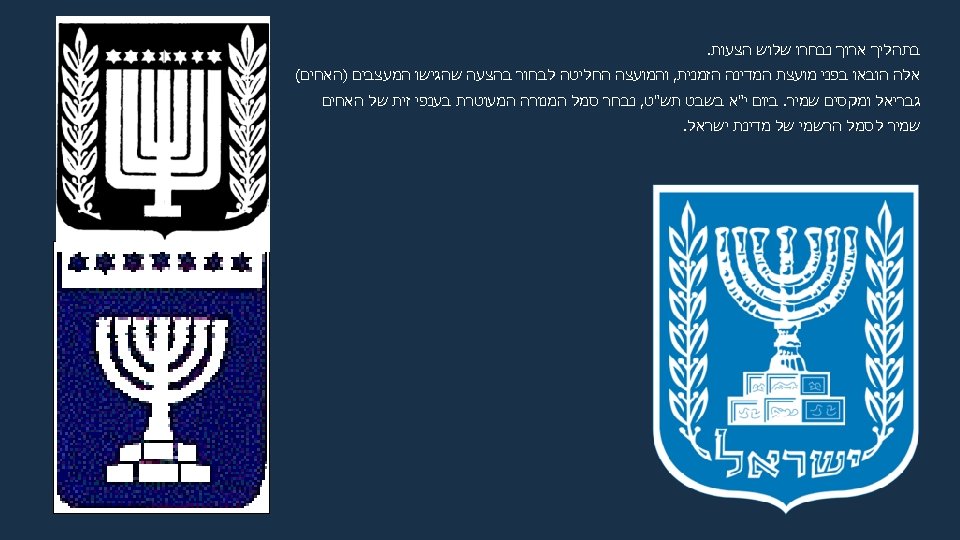  בתהליך ארוך נבחרו שלוש הצעות. אלה הובאו בפני מועצת המדינה הזמנית, והמועצה החליטה