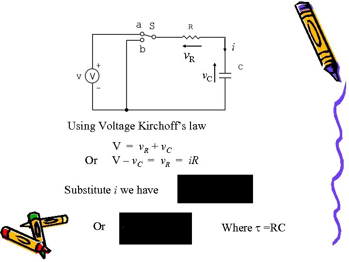 i v. R v. C Using Voltage Kirchoff’s law Or V = v. R