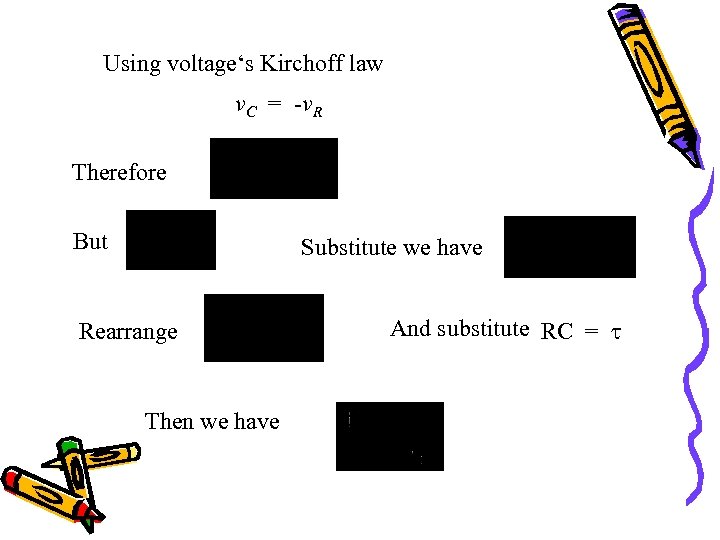 Using voltage‘s Kirchoff law v. C = -v. R Therefore But Substitute we have