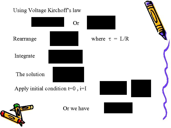 Using Voltage Kirchoff’s law Or where = L/R Rearrange Integrate The solution Apply initial